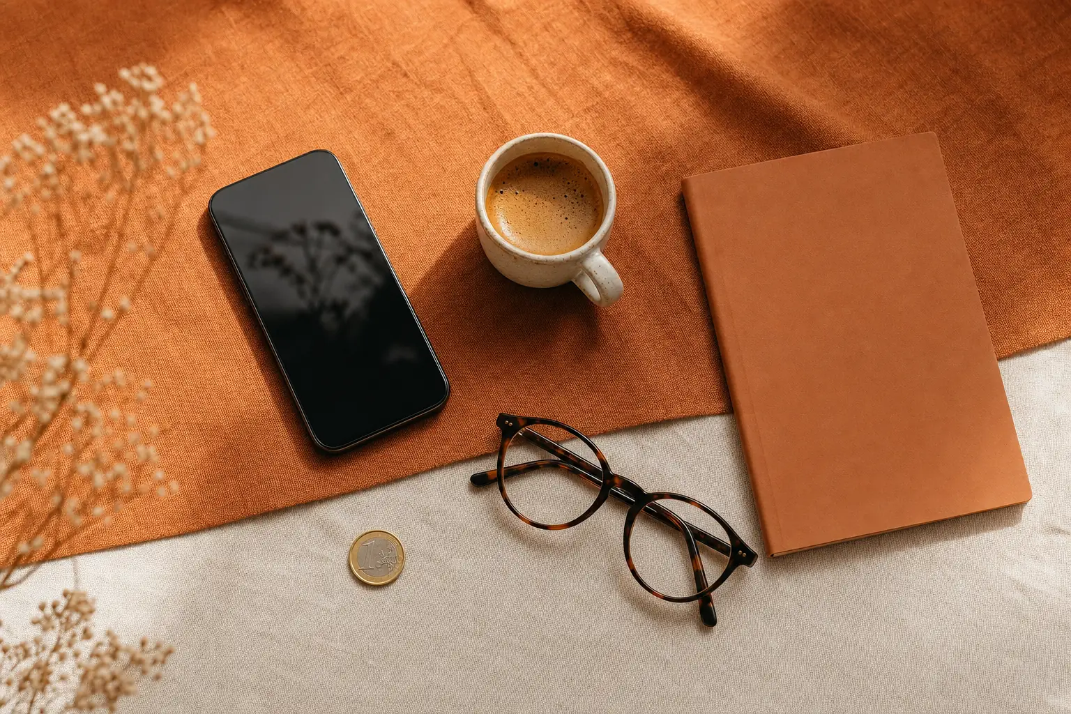 Bureau lumineux d'un community manager freelance : smartphone, café et carnet sur un plan de travail aux tons terracotta