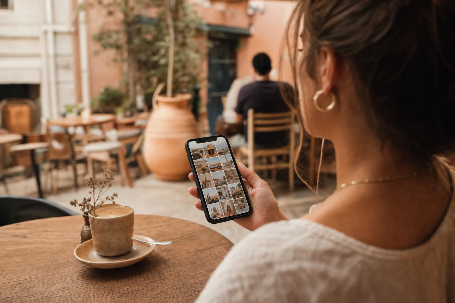 Community manager freelance consultant un feed Instagram sur son téléphone dans un café à Montpellier