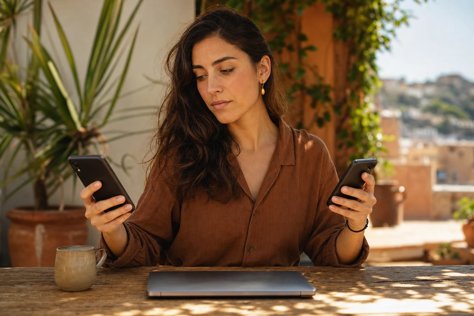 Community manager freelance comparant deux options de prestation, café et ordinateur portable fermé sur une table en bois