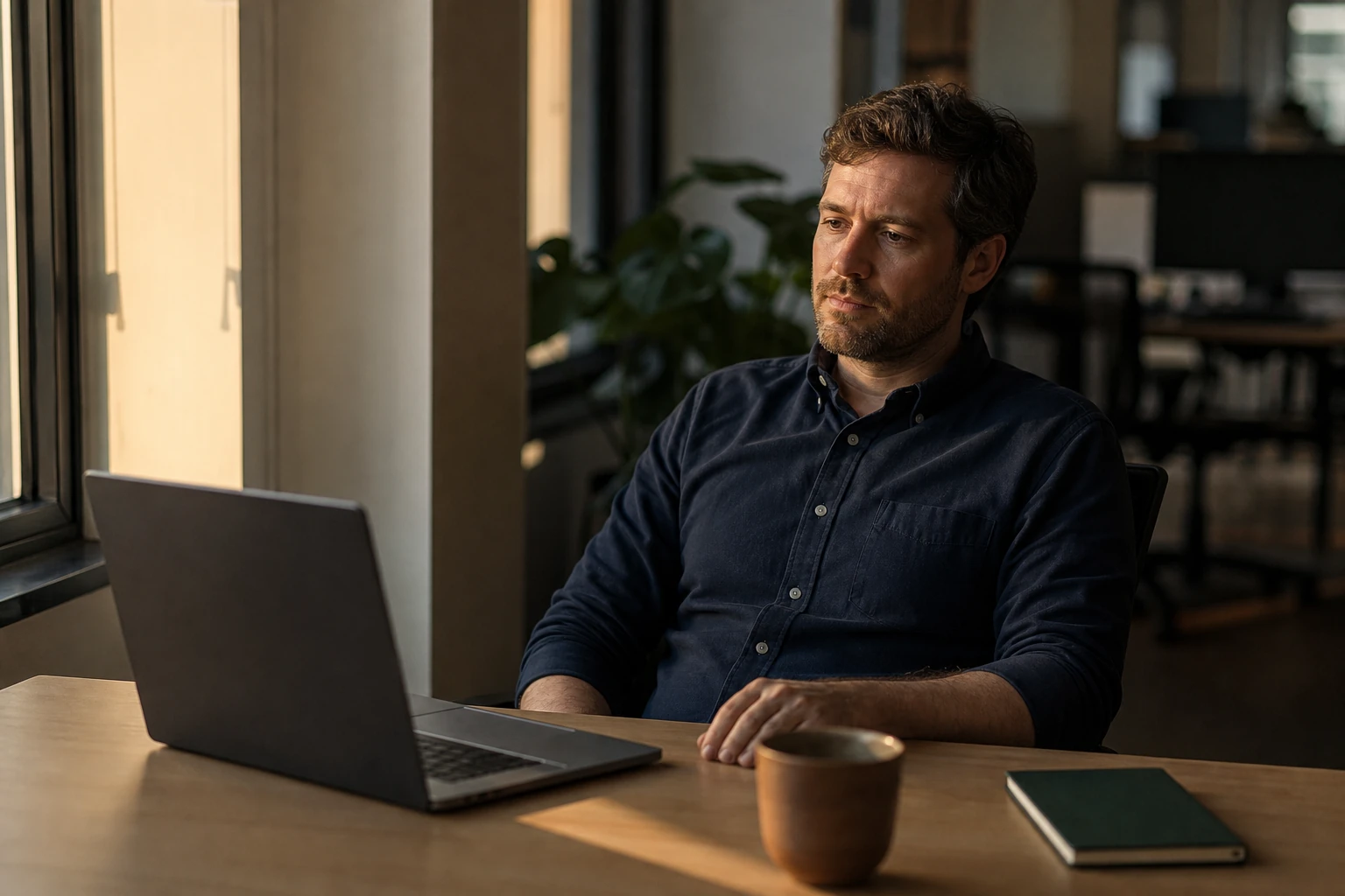 Content marketer working on a laptop in an office at the end of the day, screen deliberately out of focus