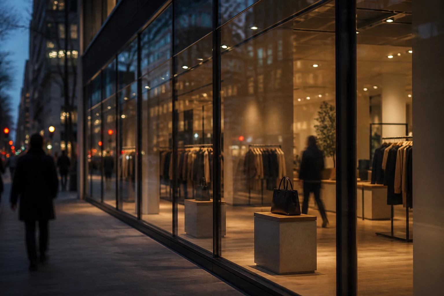 Retail storefront seen through a glass facade, urban reflections, shallow depth of field