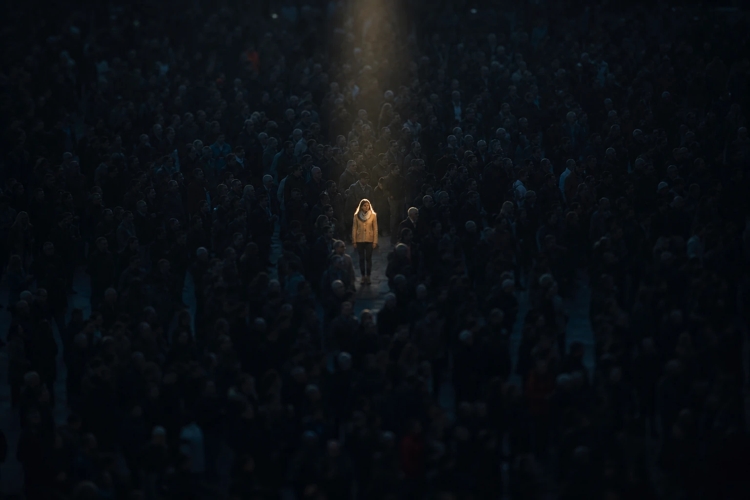 Dense crowd in a public square at dusk seen from above: a single shaft of warm light picks out one person among hundreds of others left in shadow
