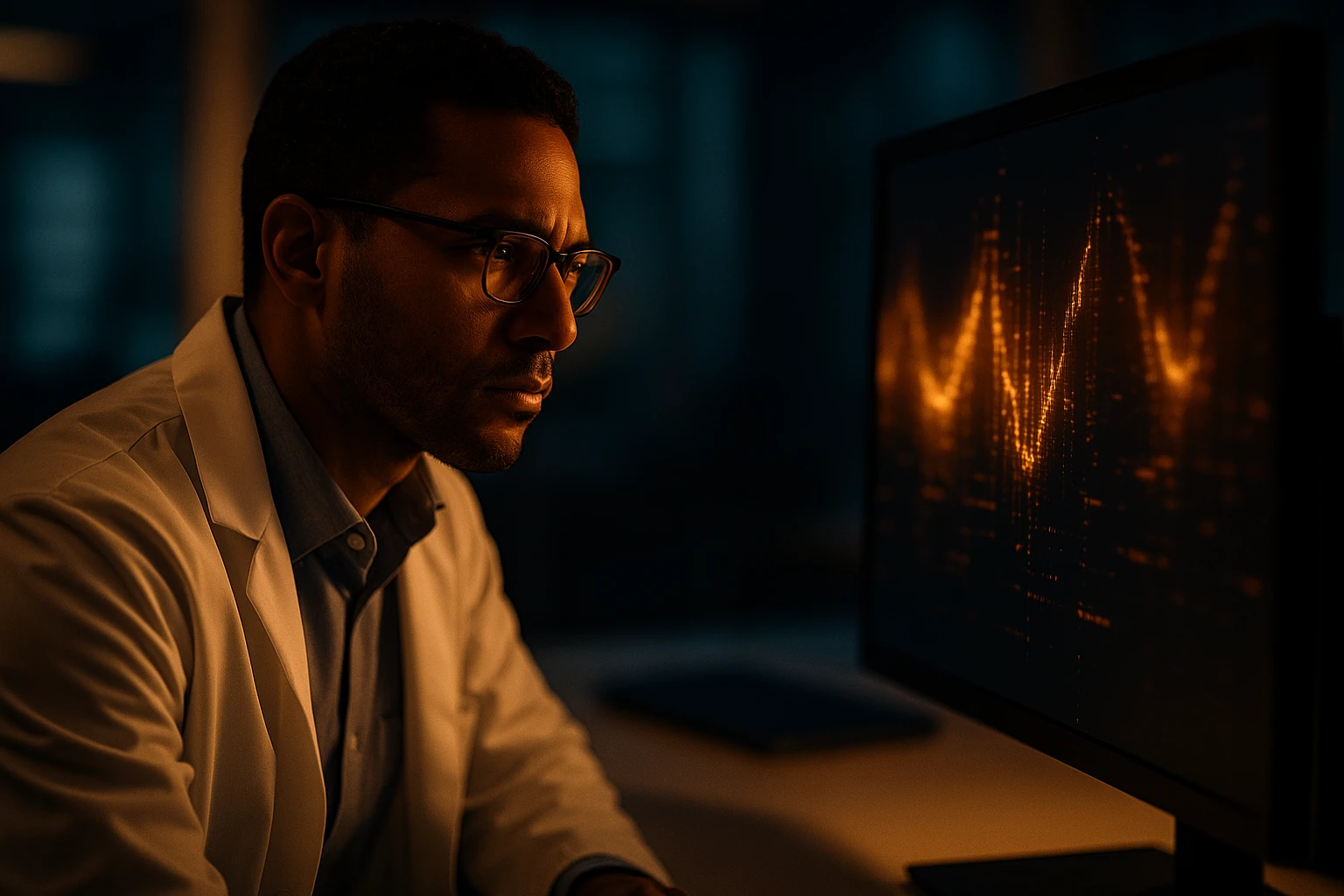 AI researcher in a tech lab, amber lighting, abstract representation of language model alignment research