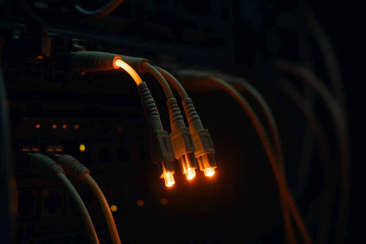 Fiber optic network infrastructure with glowing nodes, editorial photography style symbolizing AI agents connecting to websites
