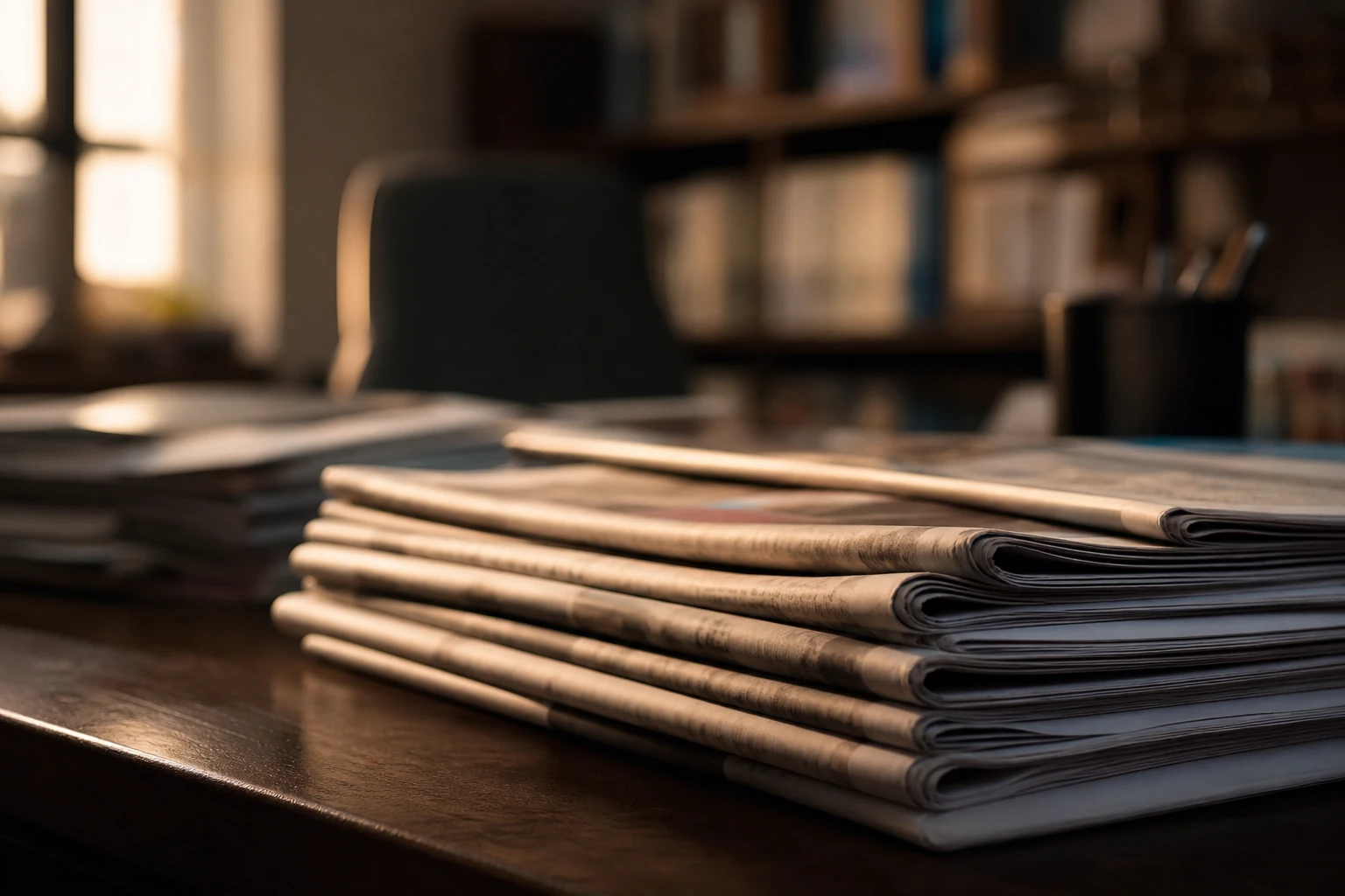 Stacked French daily newspapers on a newsroom table in late-afternoon raking light