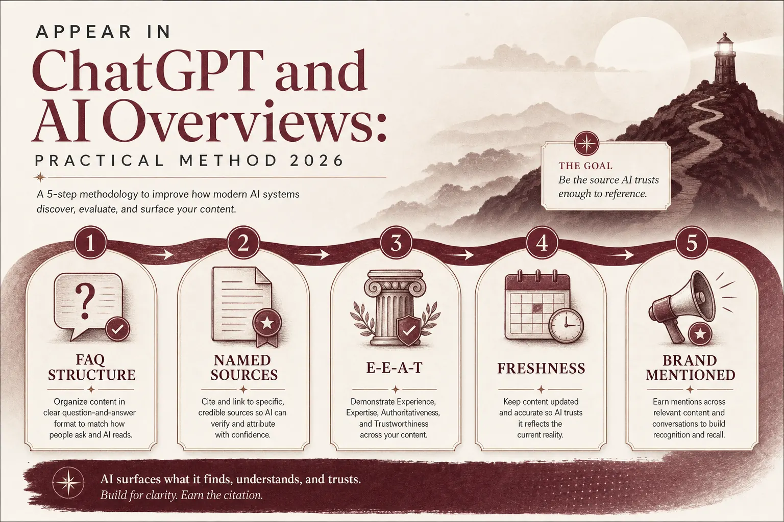 Recap infographic: the 7 steps to appear in ChatGPT and Google AI Overviews