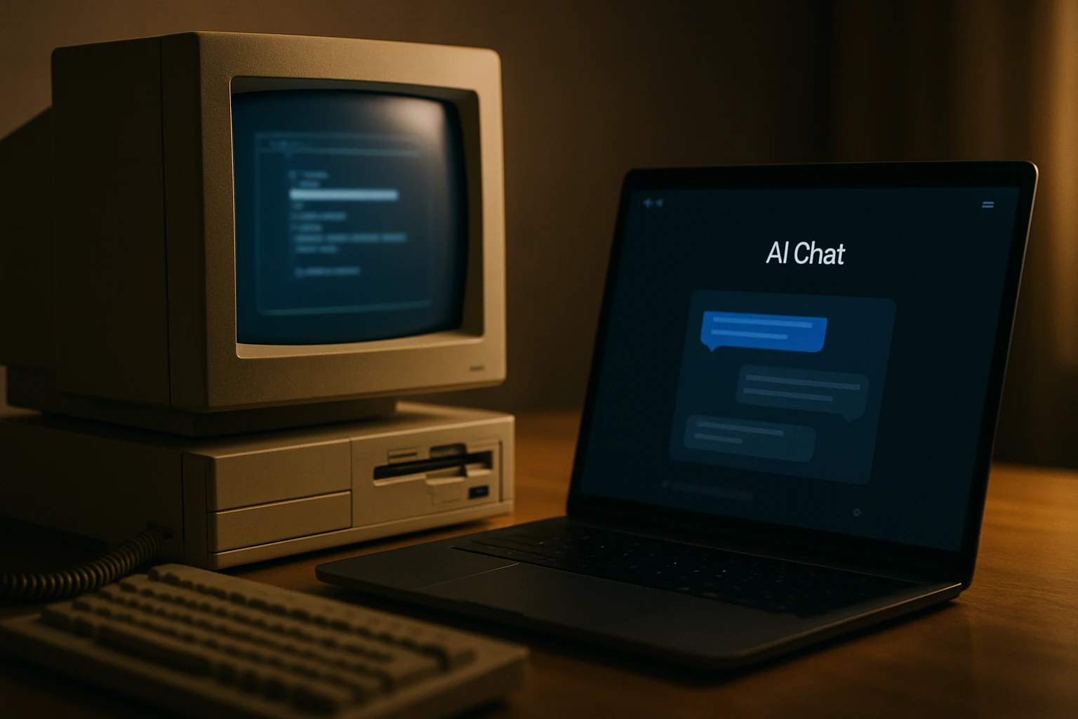 A vintage 1990s computer next to a modern glowing AI assistant interface — the transition from traditional keyword search to AI-powered question answering