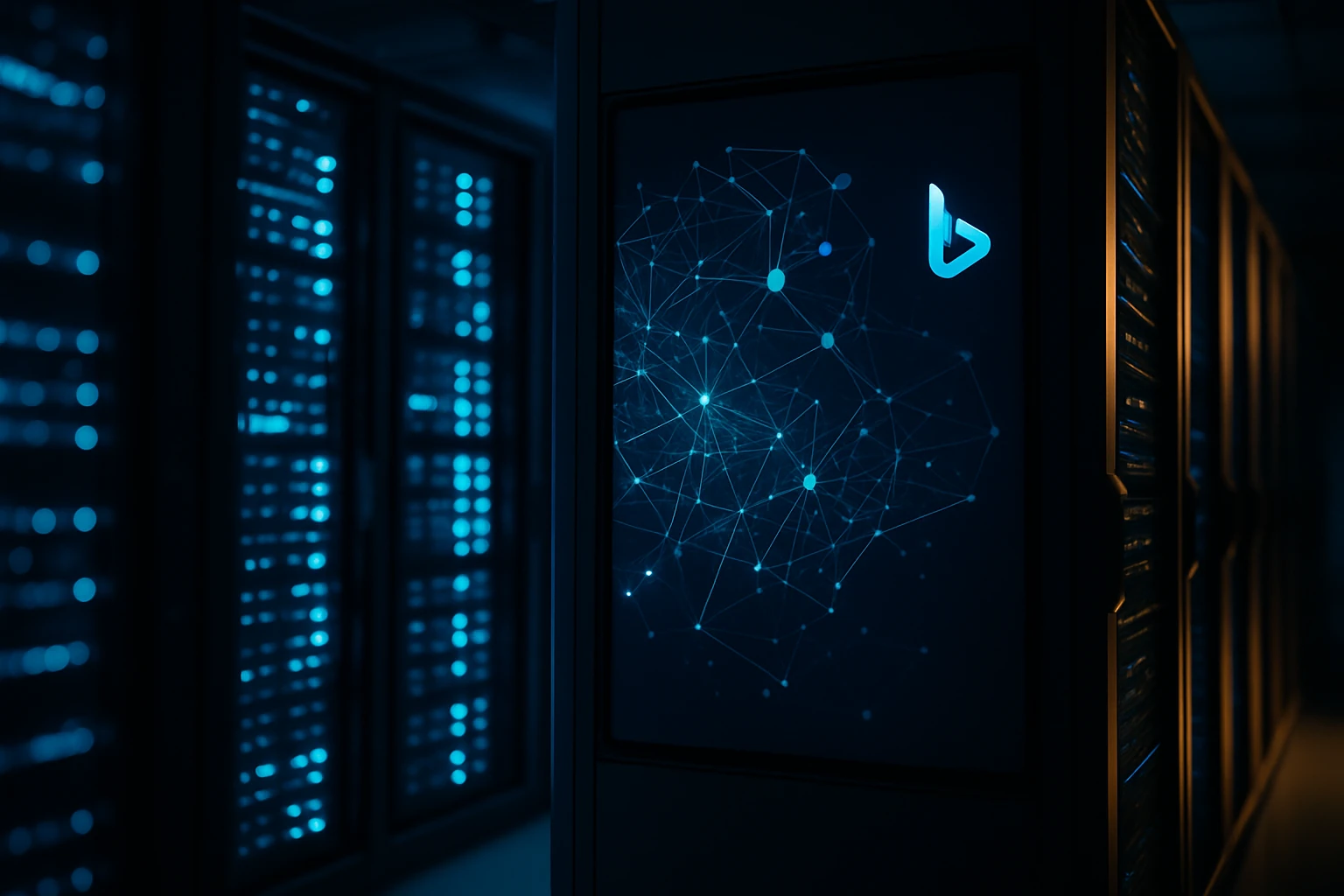 Microsoft engineers working on AI indexing architecture, server room with code displays, cold blue light