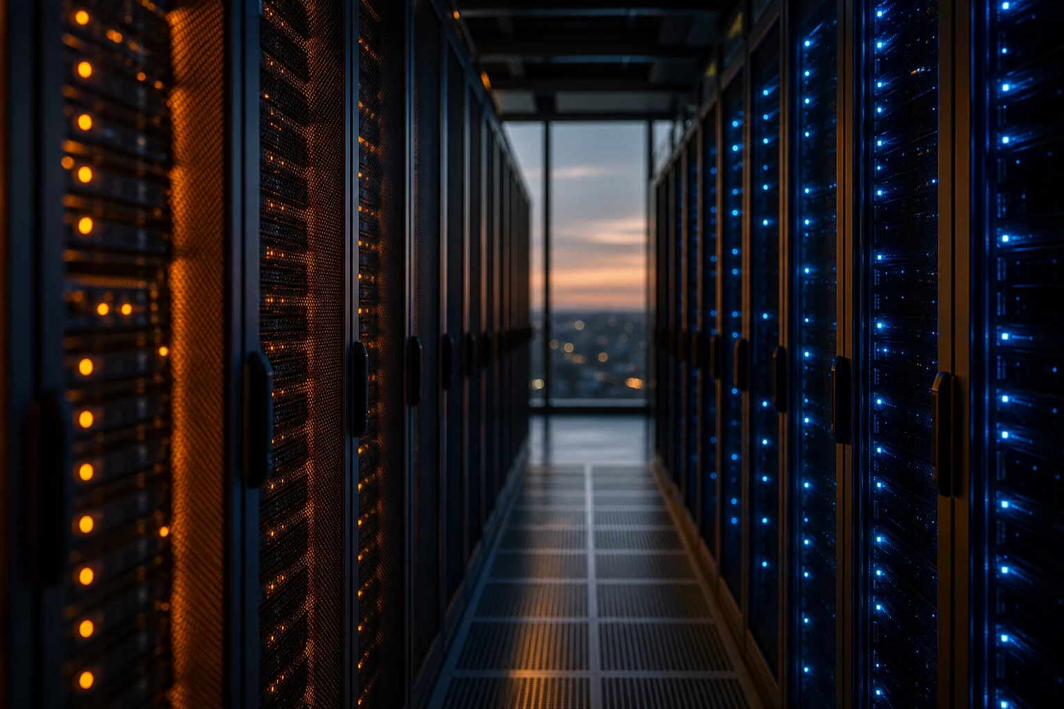 Data centre corridor at dusk, rows of server racks, amber lighting on one side and blue on the other, shallow depth of field