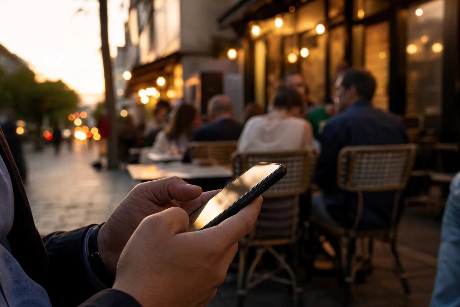 Neighbourhood restaurant terrace lit at dusk, diners seated in the background, a hand holding a smartphone in the foreground