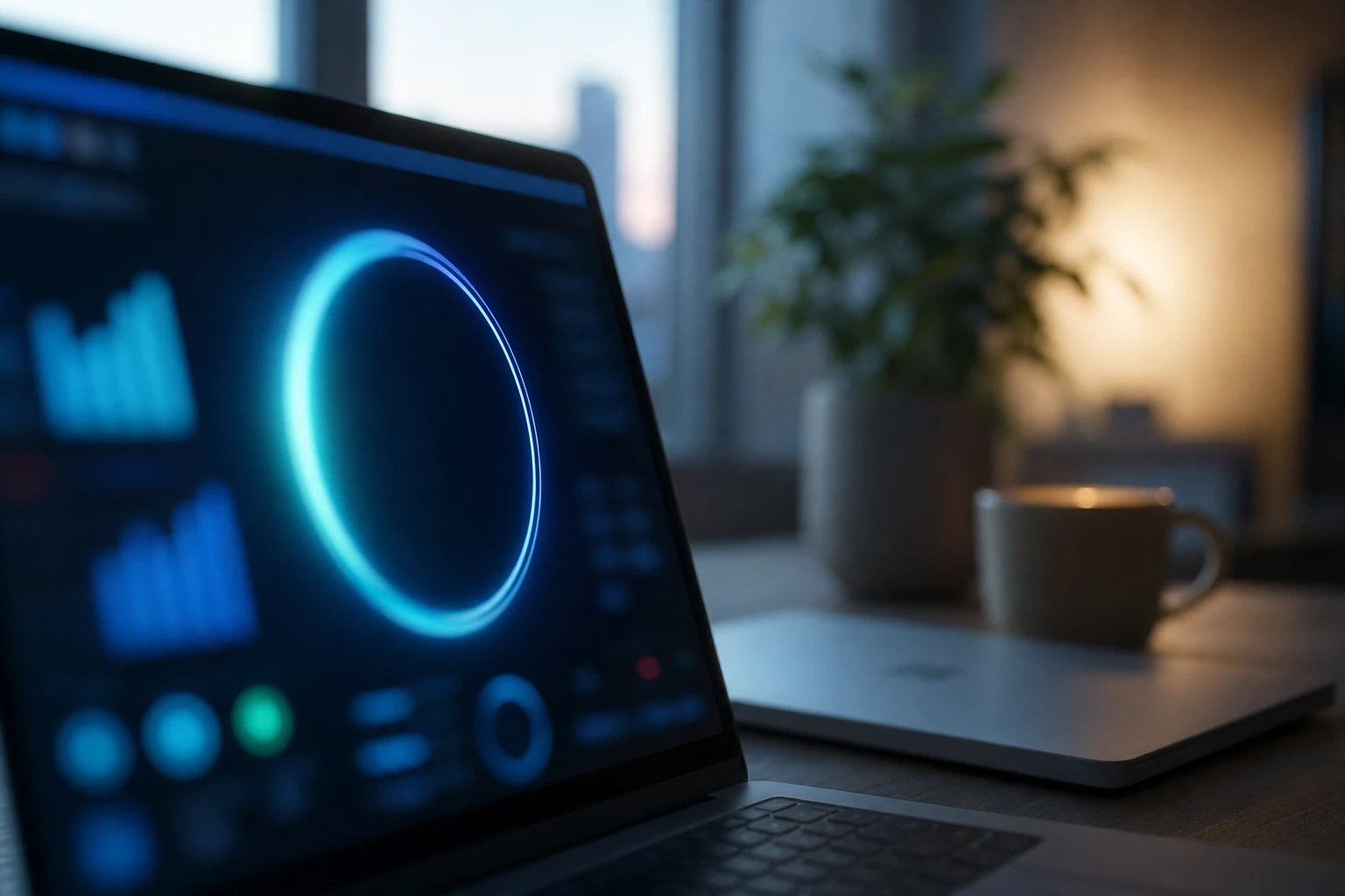 Laptop screen showing a large percentage score in bold type, cool morning light, blurred engineering workspace background, editorial Bloomberg style