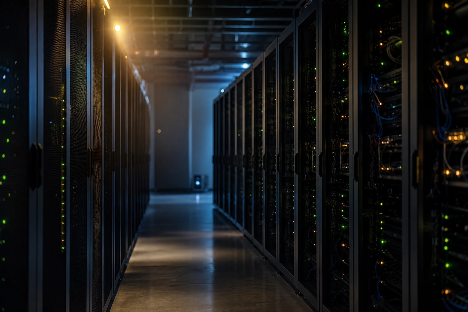 Dimly lit server room, rows of network racks with status lights, shallow depth of field