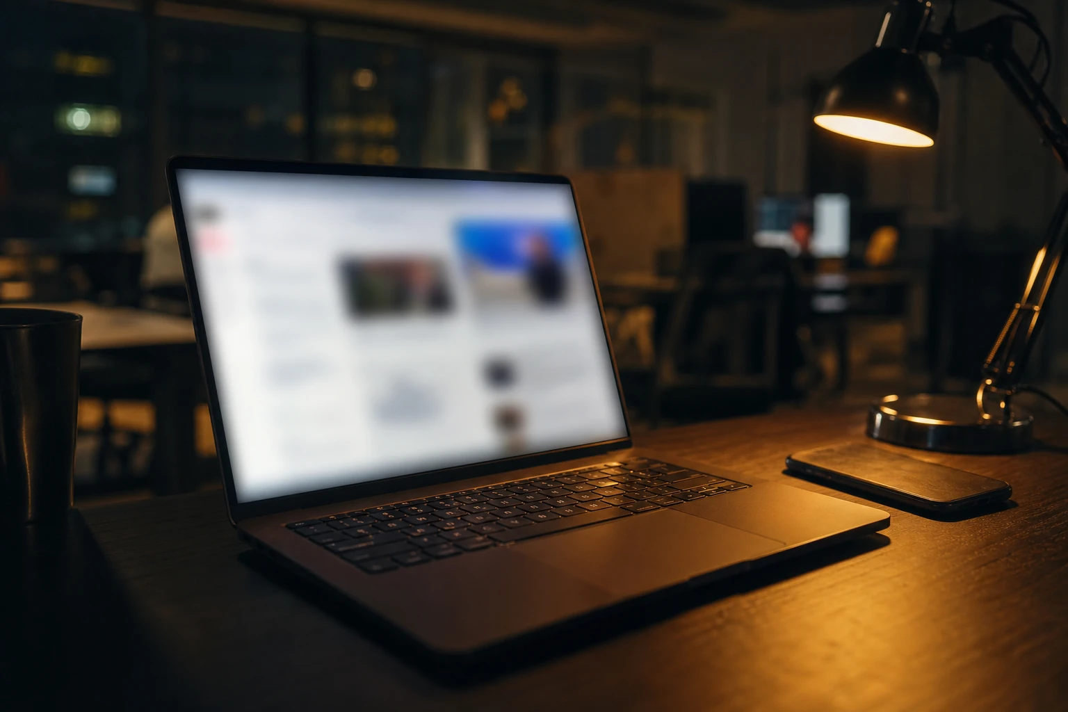 Open laptop on a dark desk at the end of the day, web page intentionally blurred on screen, warm desk lamp light