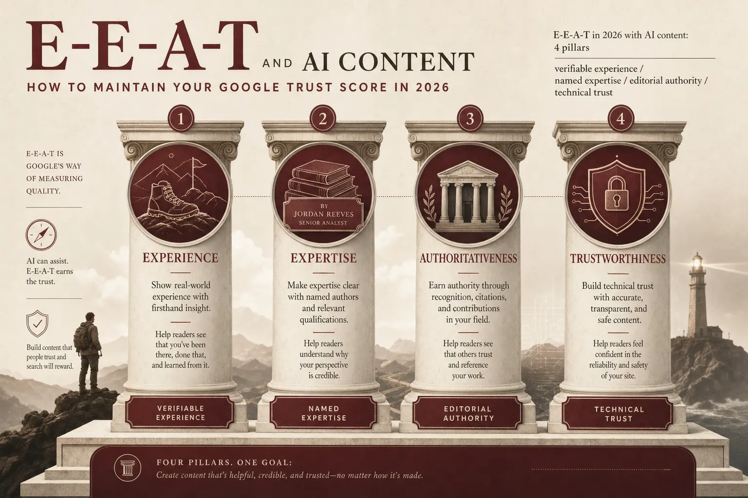 Recap infographic: the 6 verifiable E-E-A-T signals for AI-assisted content