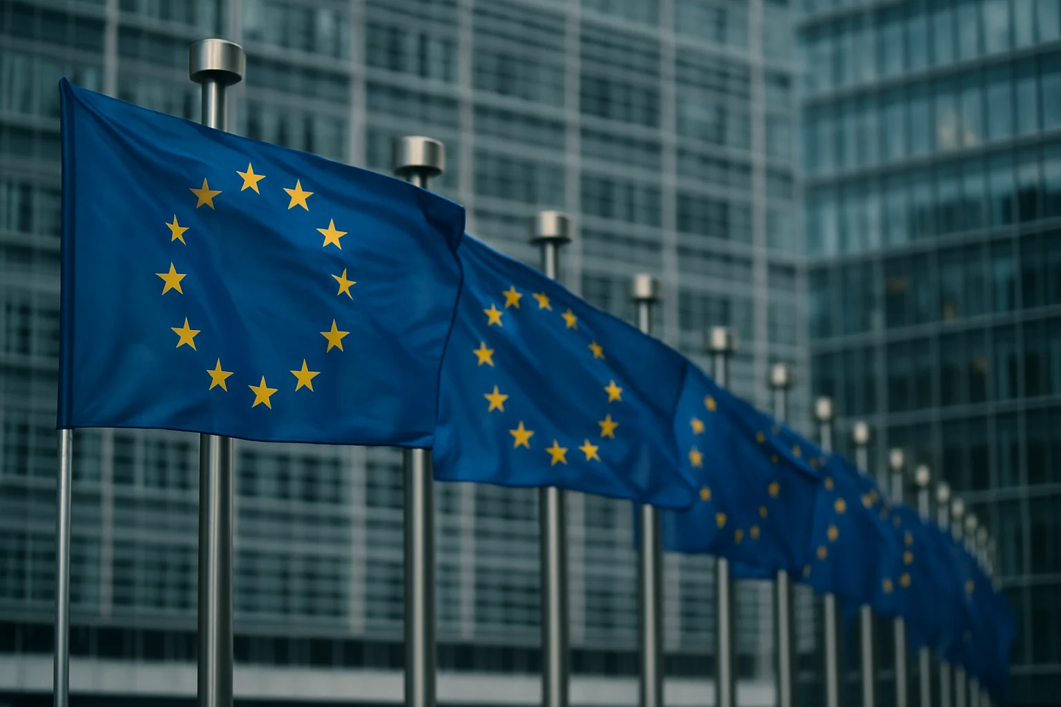 European Union flags lined up in front of a glass office building in morning light