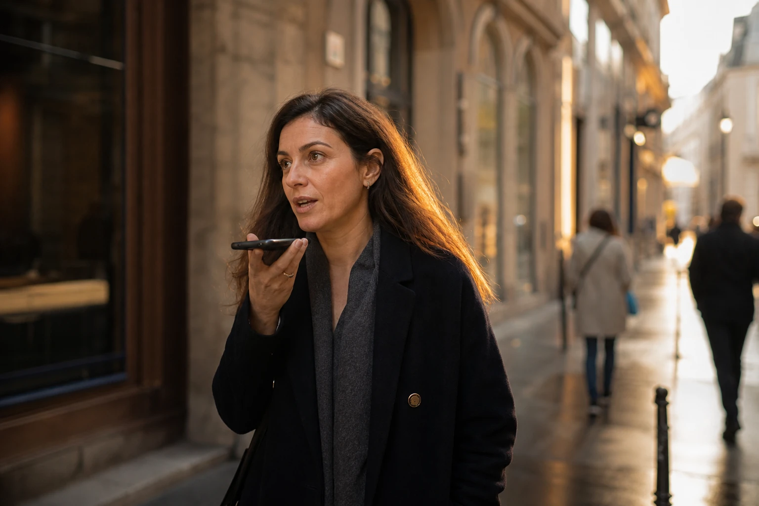 Person dictating a question into a phone on a shopping street in late afternoon light
