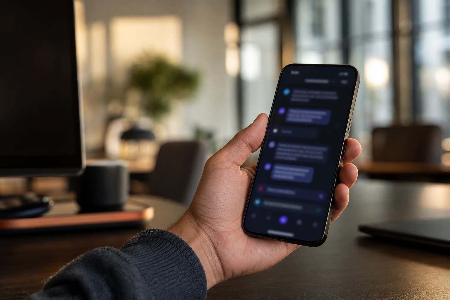 Smartphone screen showing a conversational search interface, held in a hand in an office, text intentionally blurred