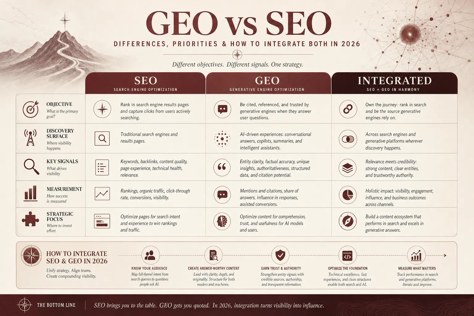Recap infographic: GEO vs SEO comparison across 6 operational dimensions