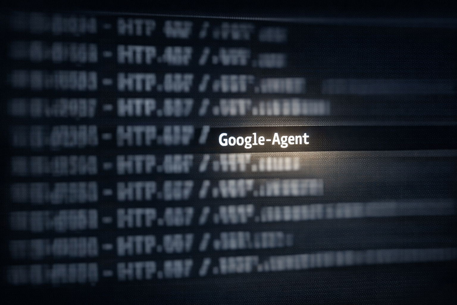 Server log terminal showing Google-Agent HTTP requests — AI agent traffic identification