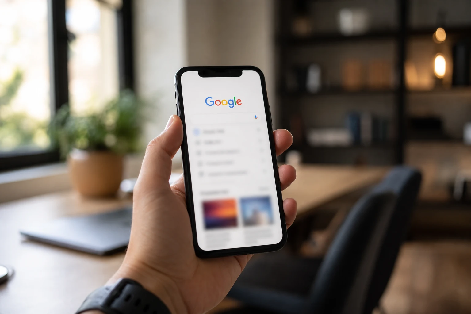 A smartphone showing Google Search with an AI-generated image inside an AI Overview, Google logo visible