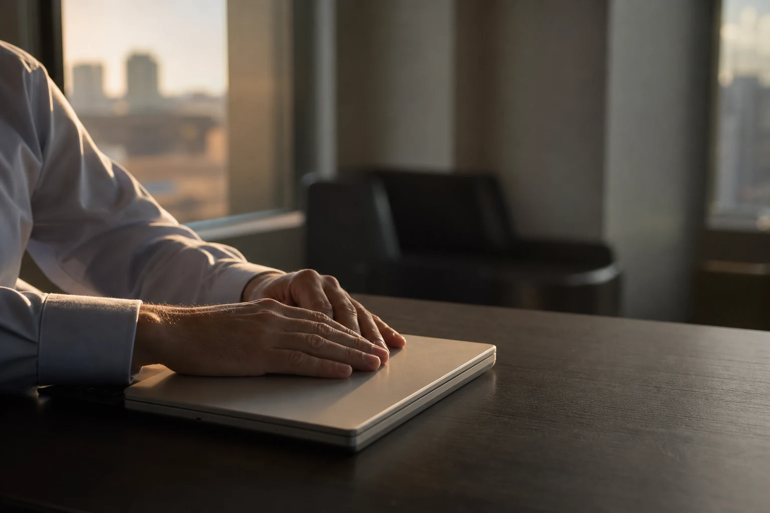 Hands resting on a closed laptop on a wooden desk, morning light coming through an office window