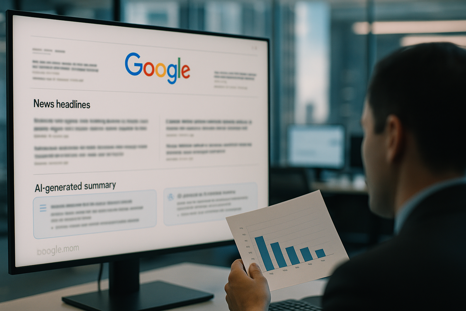 Newsroom with Google News on screen and search analytics