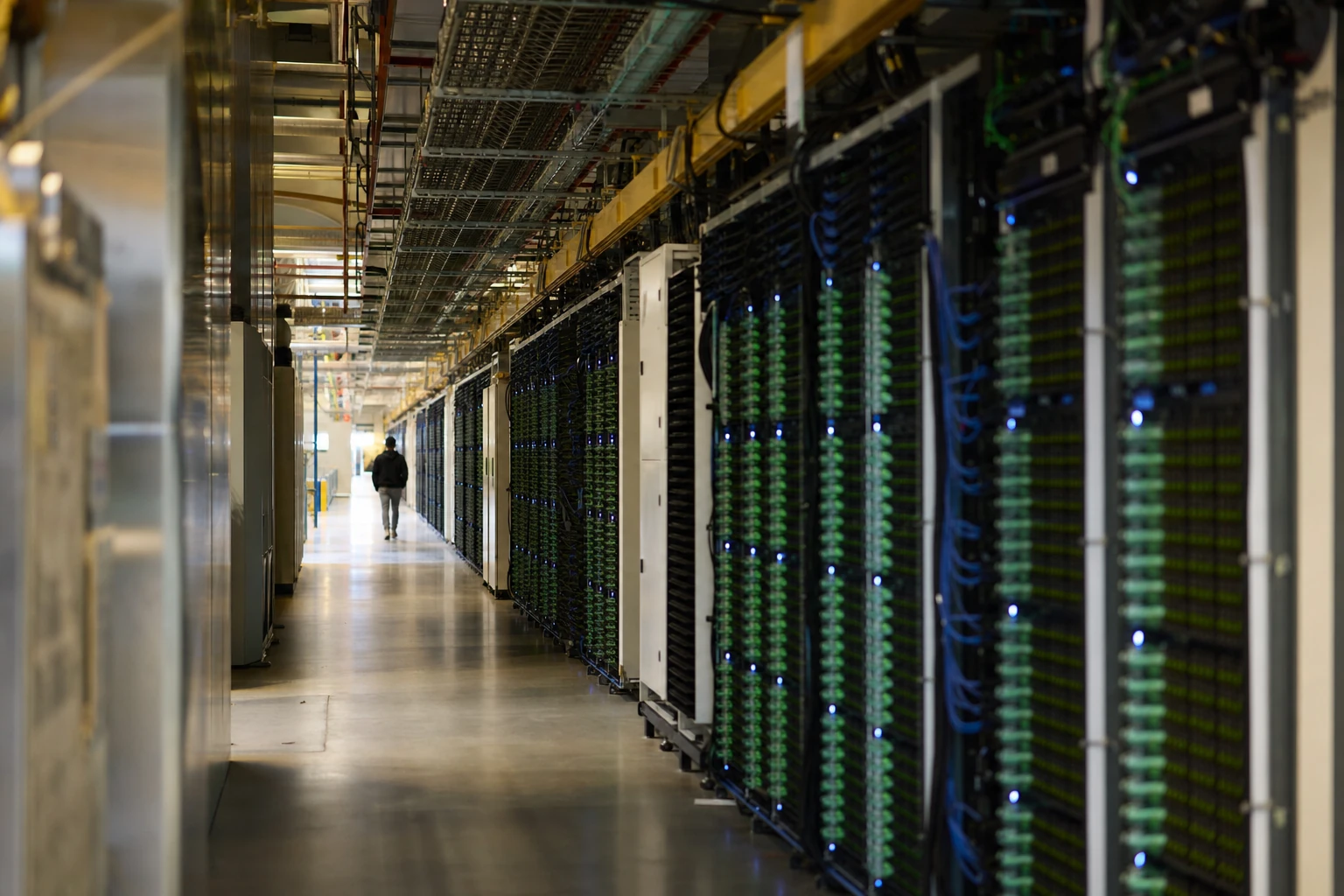 Google Cloud data center infrastructure — rows of illuminated server racks