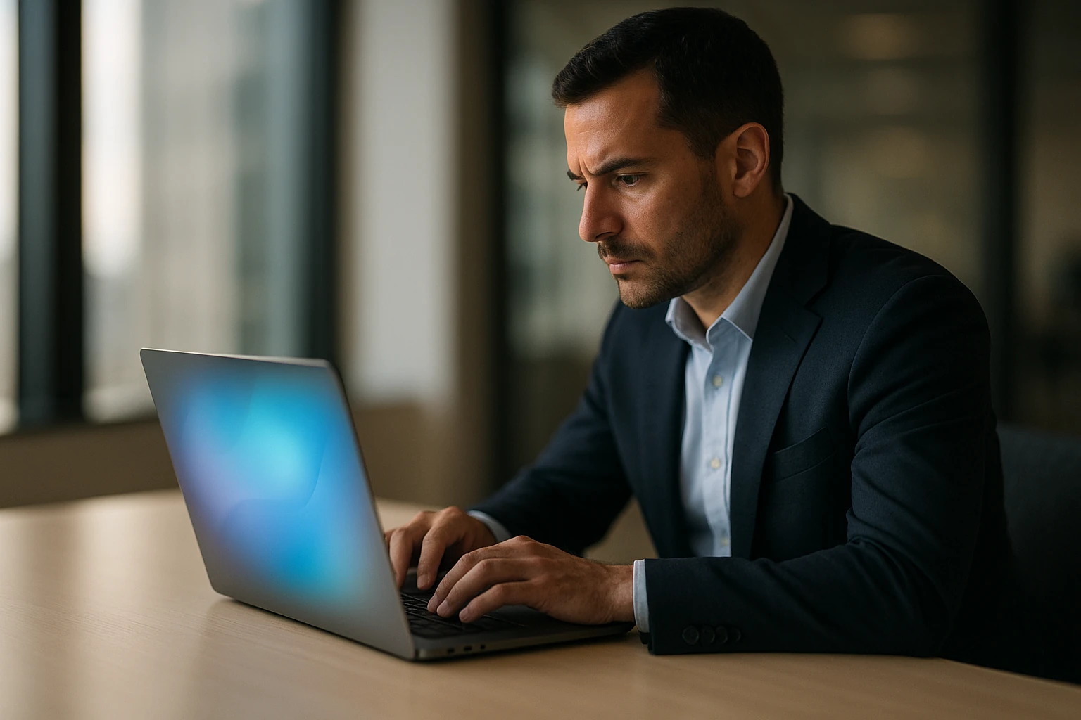 Person reviewing AI search interface on laptop in modern editorial workspace, Bloomberg photography style