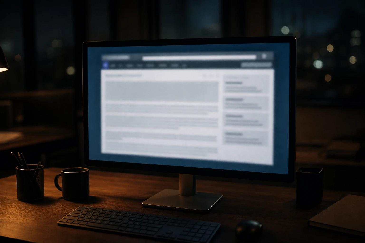 Computer screen showing a search results page with deliberately blurred text, in a dark office lit by a desk lamp