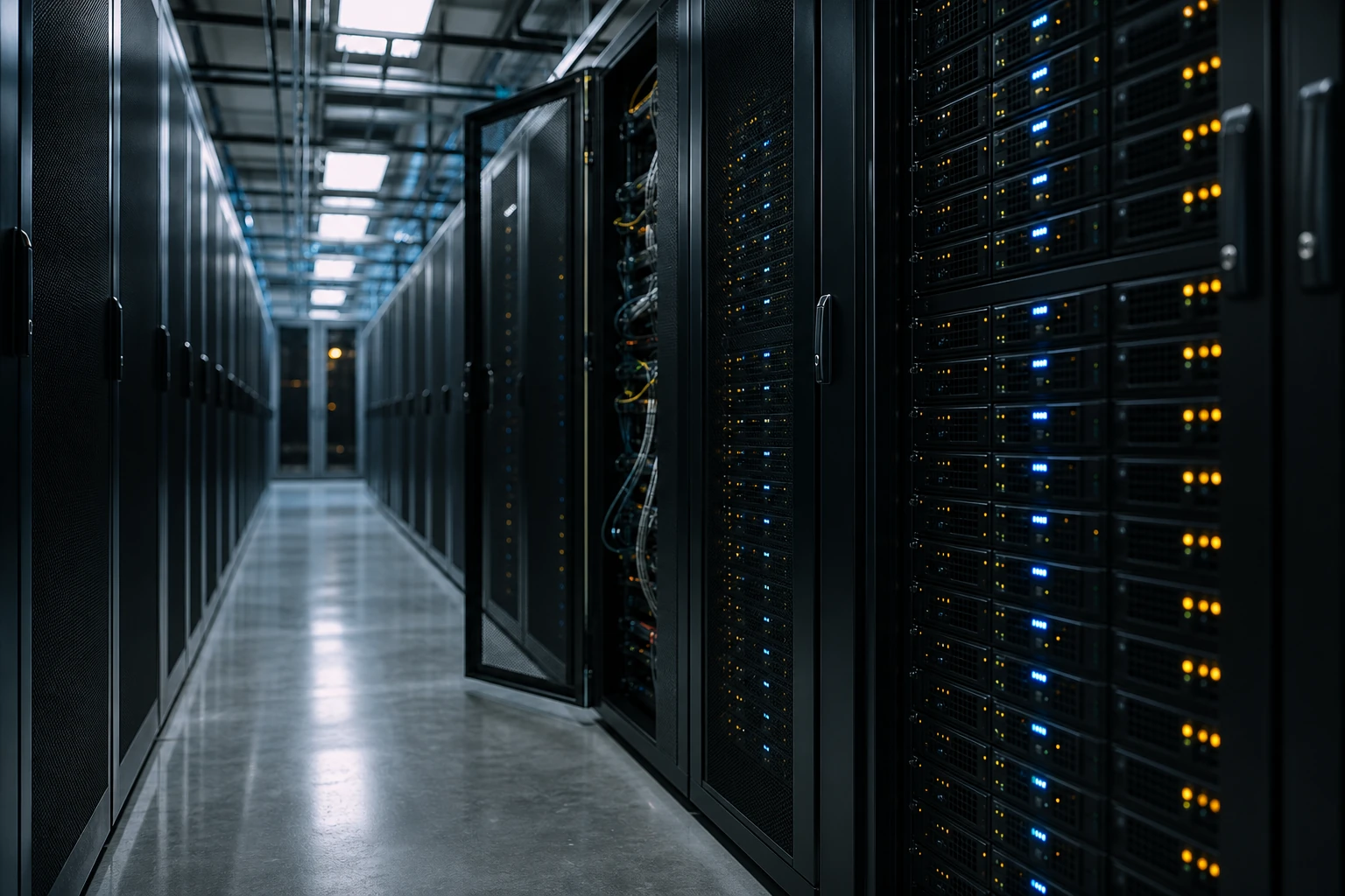Server room seen down a cold aisle, rows of racks lit in blue, shallow depth of field