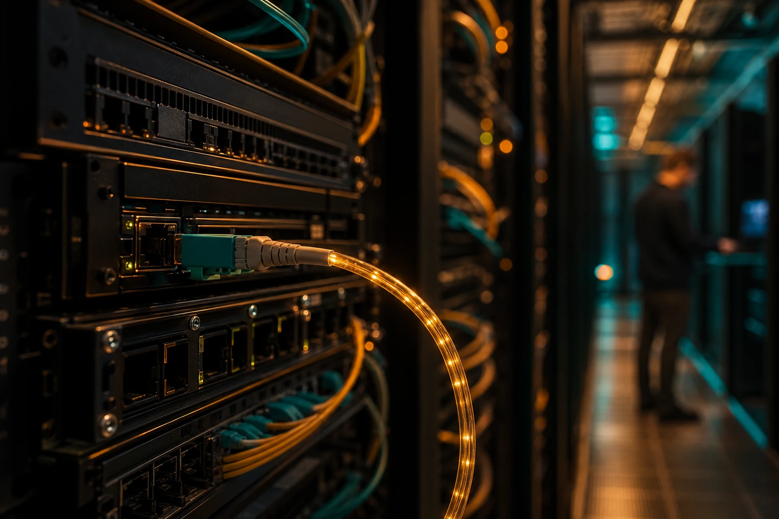 Data infrastructure and fiber-optic cables illustrating knowledge sharing between AI agents via Google Cloud's Open Knowledge Format
