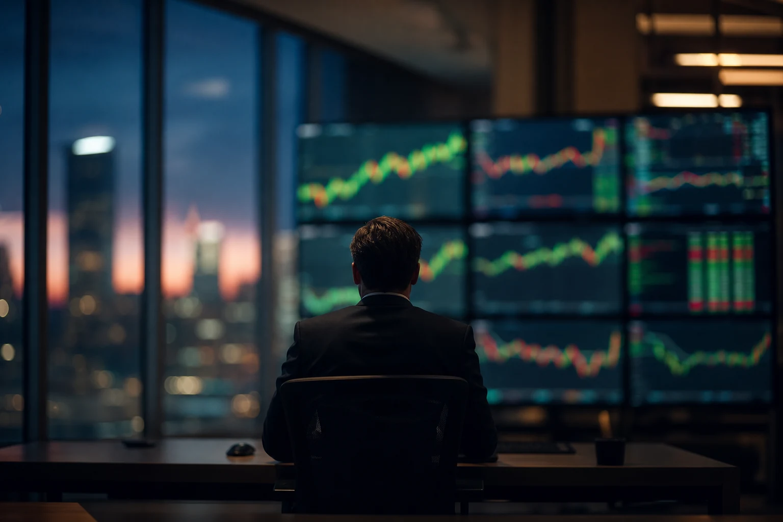 Trading floor tracking Alphabet quarterly earnings, financial screens showing rising revenue curves