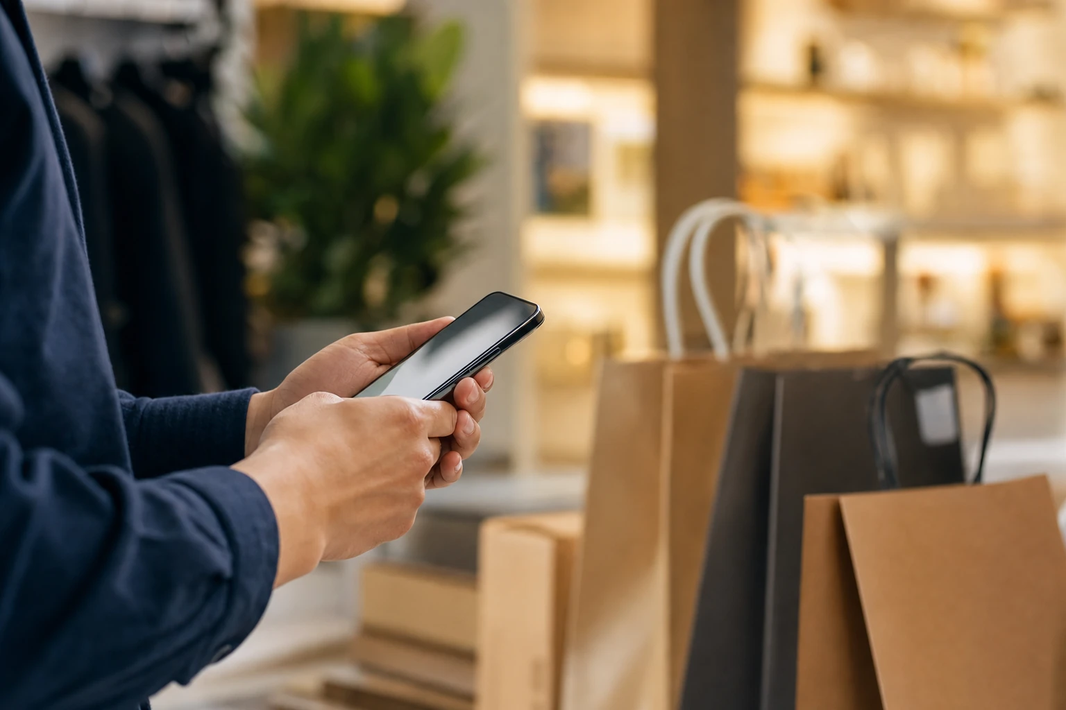 Smartphone showing a shopping search conversation, retail bags and delivery boxes blurred in the background, warm store light