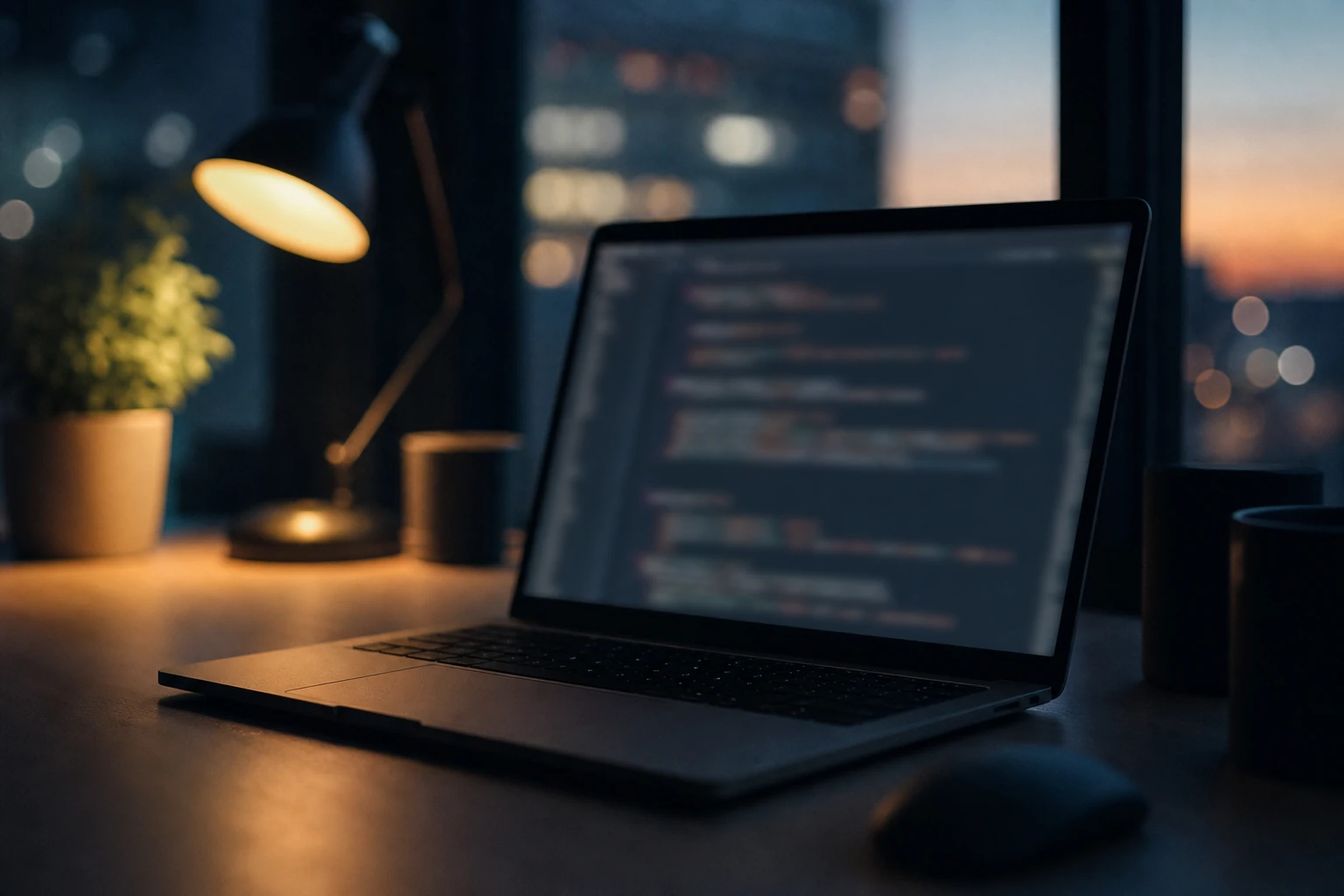 Open laptop on a desk at dusk, the code on screen intentionally out of focus