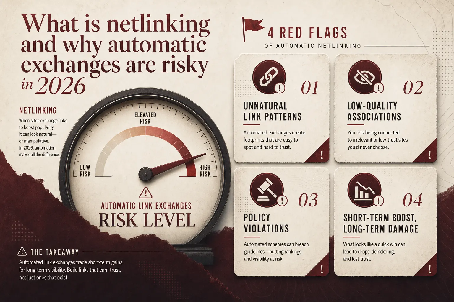Recap infographic: automatic link exchanges to avoid vs clean netlinking methods to favor in 2026