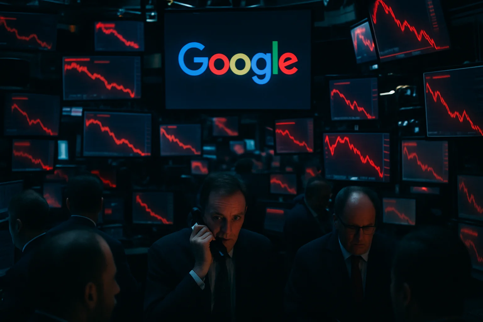Trading floor screens showing declining stock charts with the Google logo, illustrating competitive pressure on search