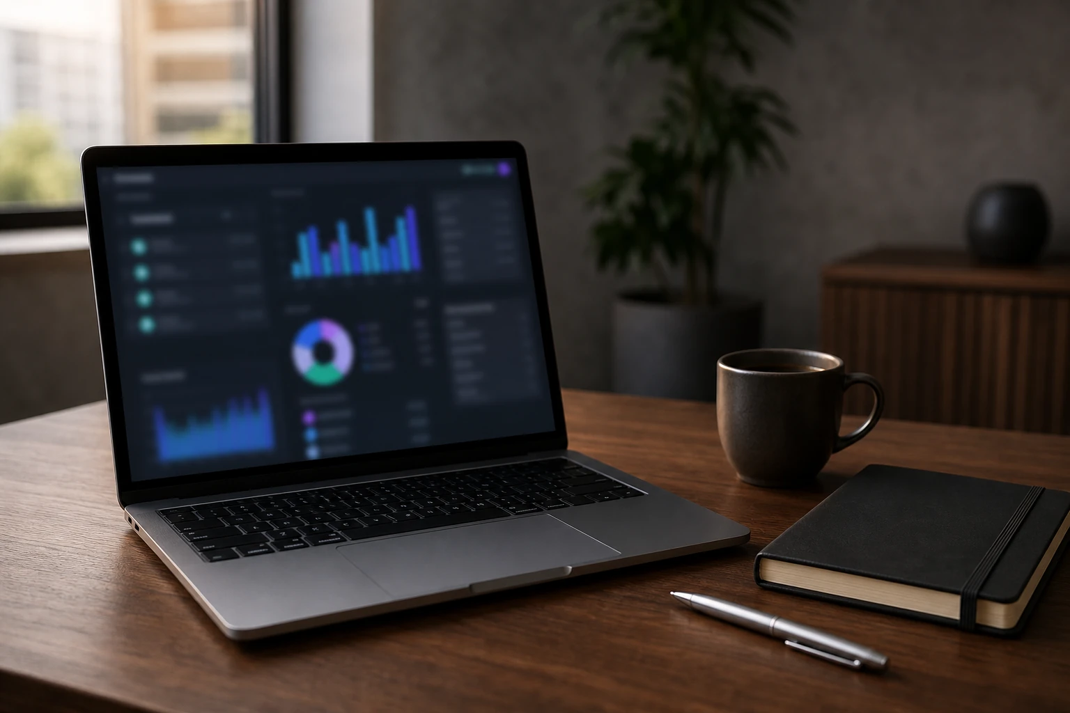 OpenAI Ads Manager interface and analytics dashboard, editorial desk shot