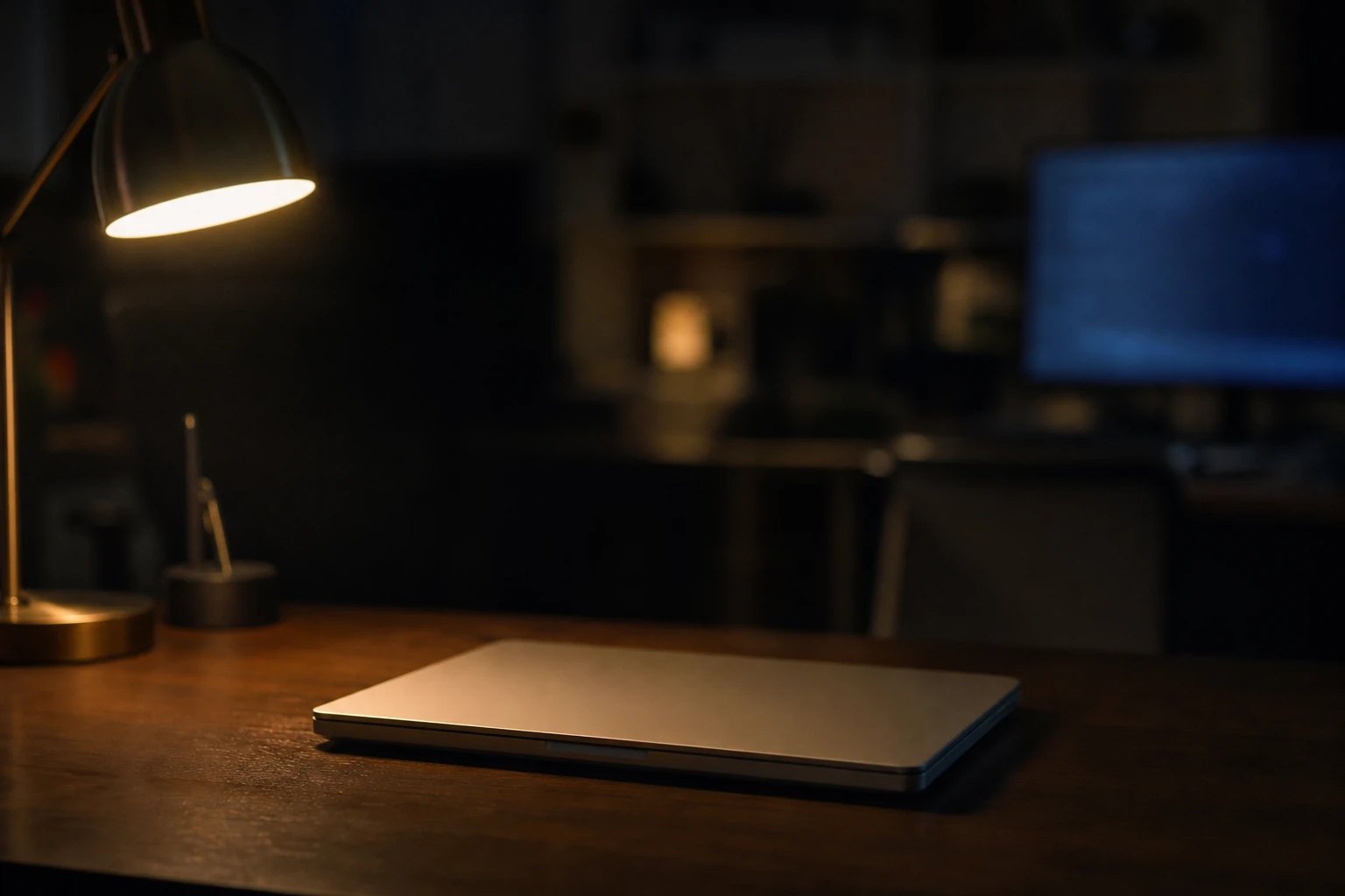 Closed laptop on a wooden desk at night lit by a desk lamp, with a screen still glowing in the distance
