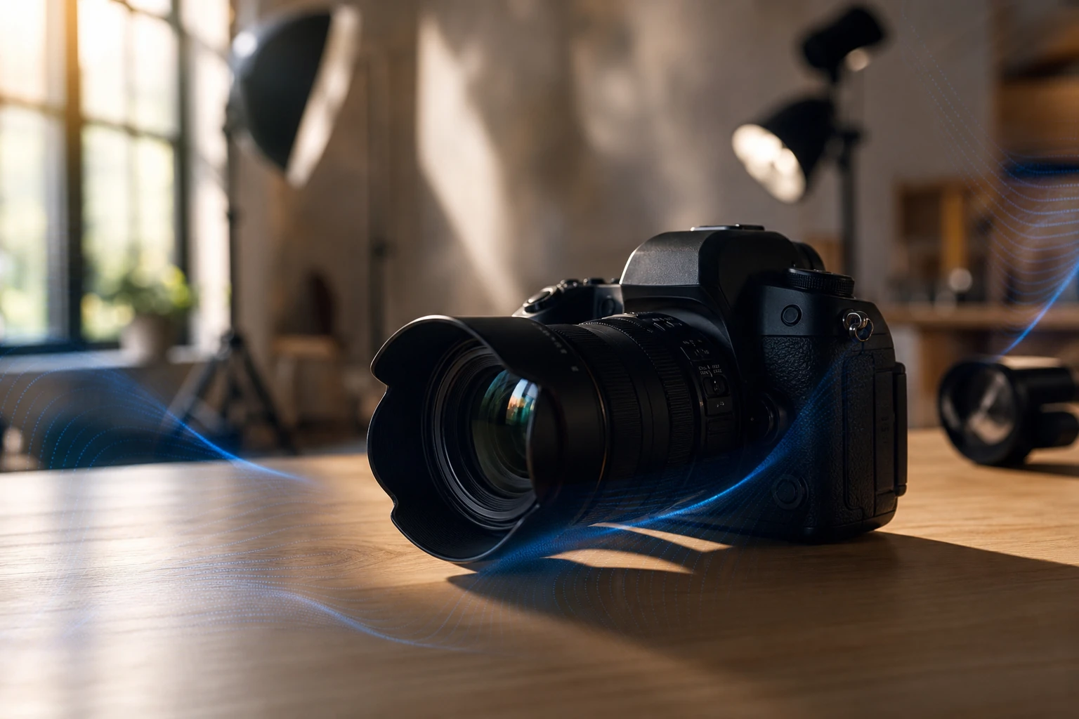 Editorial close-up photograph of a professional digital camera resting on a light wood desk, warm morning light, a subtle graphic pattern suggesting an invisible watermark embedded in an image, blurred photographer's studio in the background