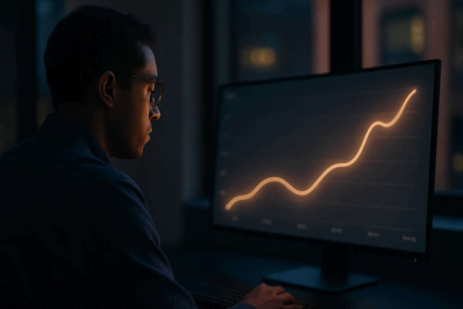 Data researcher at a monitor showing a rising curve, in a dim office at dusk
