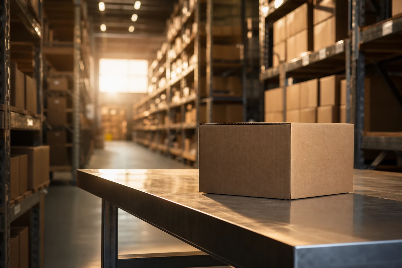 E-commerce warehouse at the end of the day, shelves of boxes intentionally blurred in the background, warm raking light