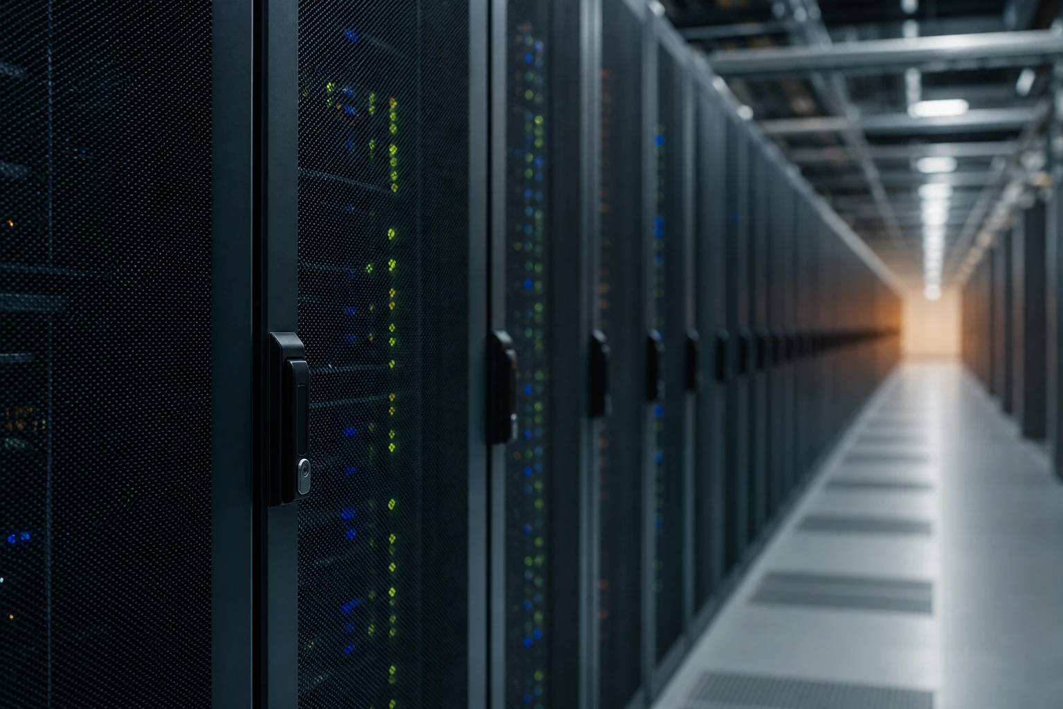 Server room seen down its length, a long row of identical racks repeating to the end of the corridor, cold lighting, shallow depth of field