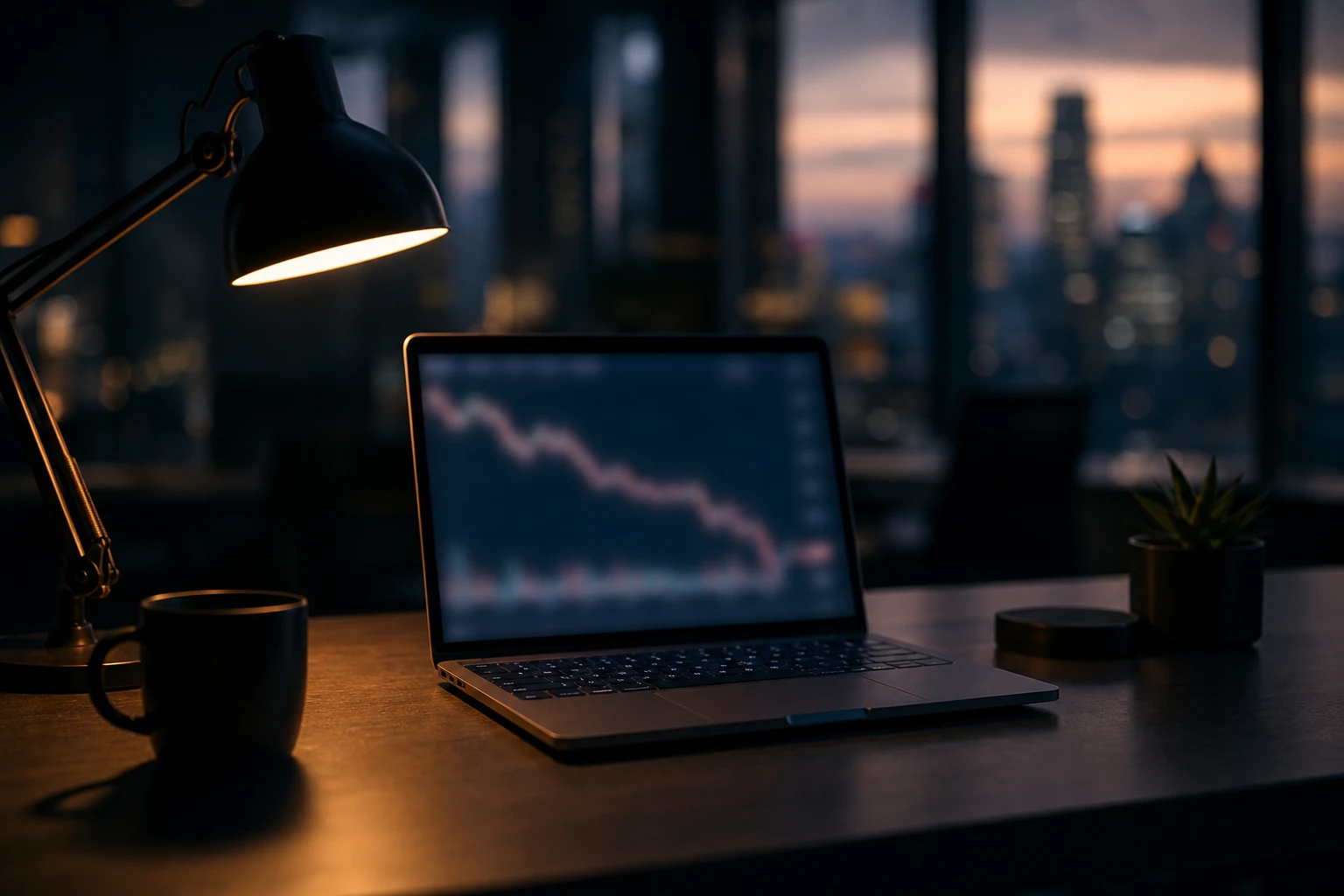 Laptop on a desk at dusk, a descending curve on the screen, city skyline in the background