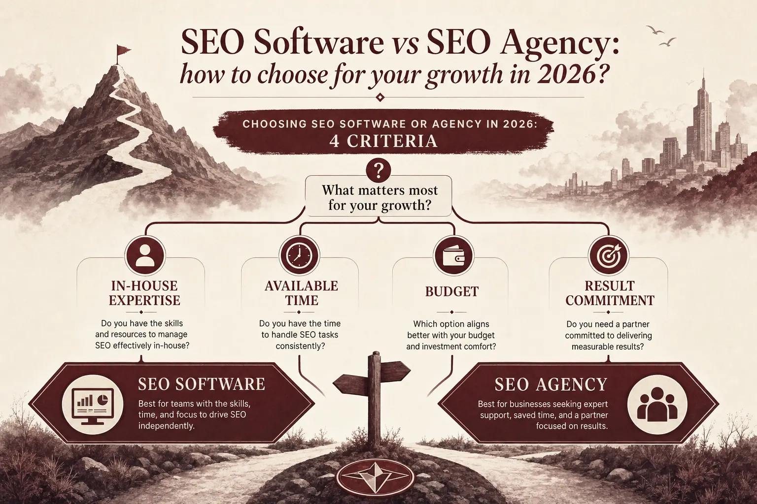 Recap infographic: 5 decision criteria for SEO software vs SEO agency