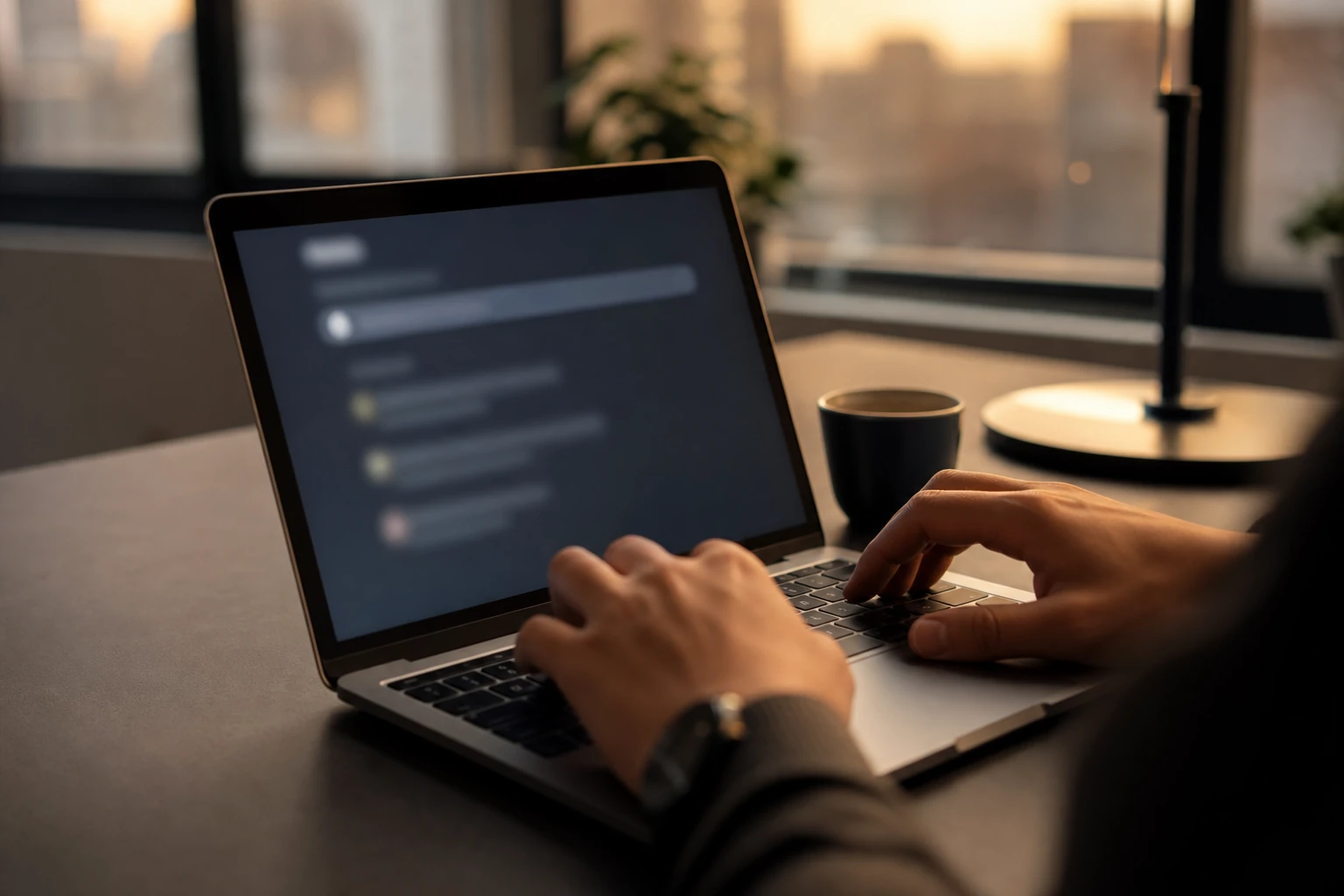 Search bar displayed on a computer screen in an office at the end of the day, text intentionally blurred
