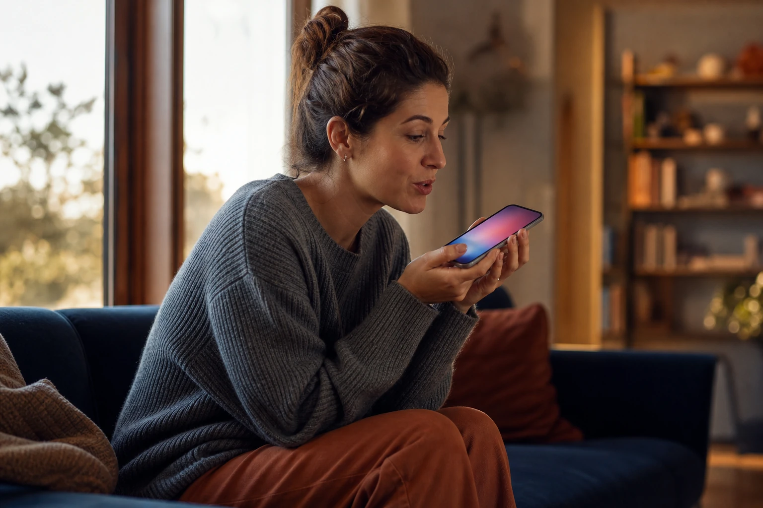 A woman by a window asking a long spoken question to her phone, in conversation with a search assistant
