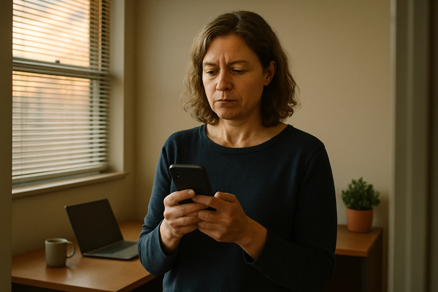 A woman in an ordinary office reading an AI-written answer on her phone with a thoughtful, slightly sceptical expression