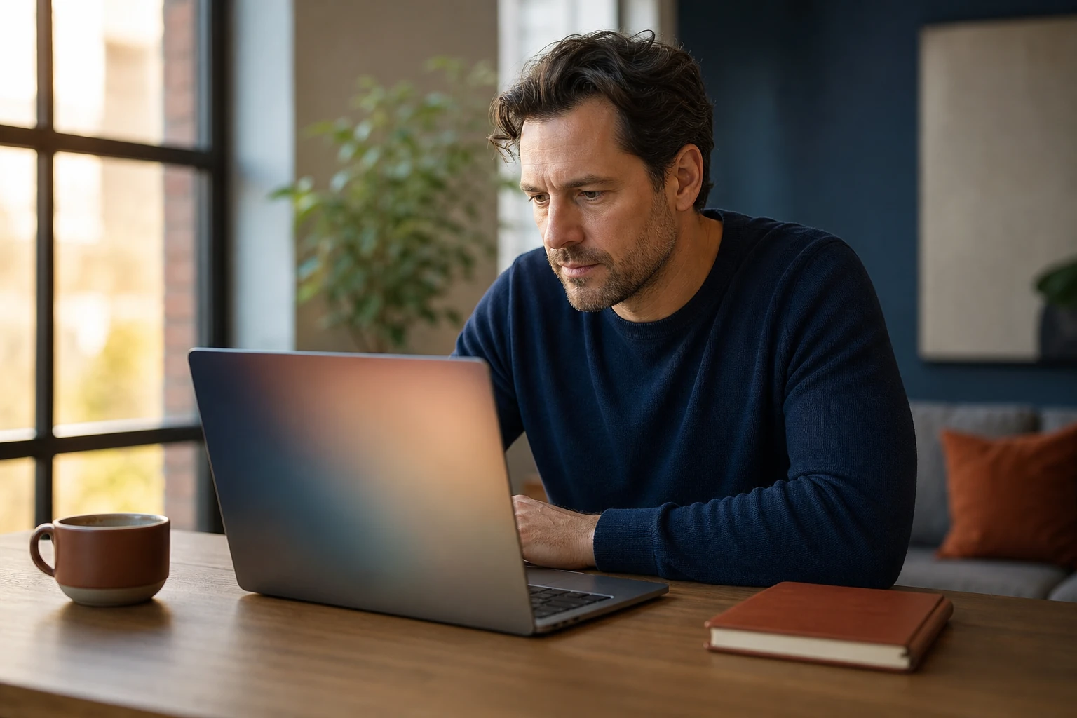 A content strategist reading on a laptop by a window in a calm studio, warm morning light through the window behind them