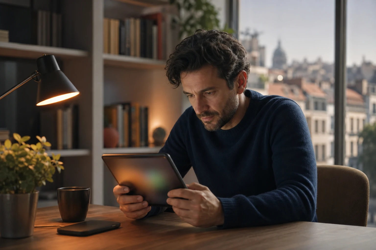 A marketing professional reviewing a tablet at a desk by a window in the late afternoon, checking whether AI answers point to their brand