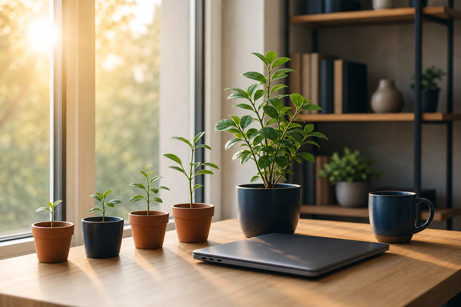 Small green seedlings and a thriving plant growing on a sunlit desk, an image of steady organic growth